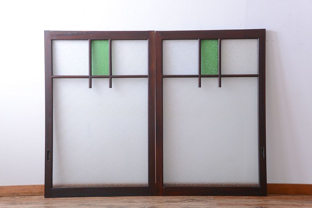 大正ロマン　当時物色ガラス入り!アンティーク引き戸2枚セット(窓)
