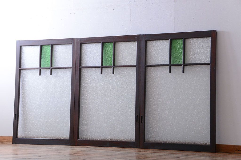 大正ロマン　当時物色ガラス入り!アンティーク引き戸2枚セット(窓)