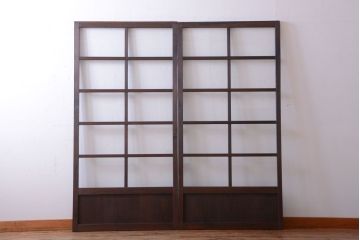 アンティーク　古い木のシンプルでおしゃれなガラス戸2枚セット