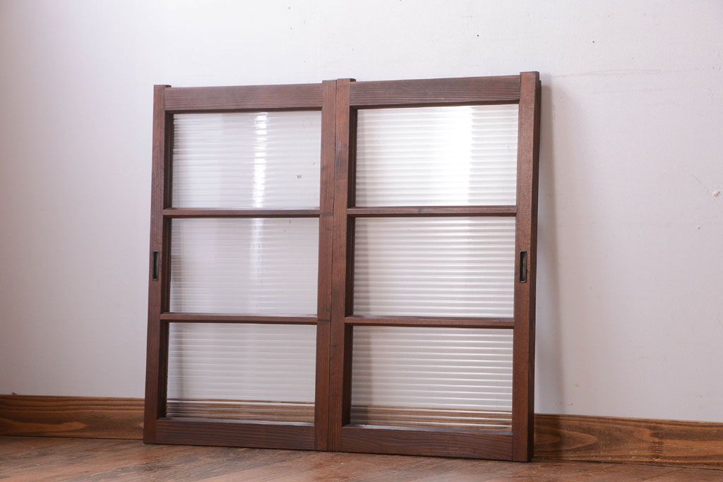 和製アンティーク　モールガラス入り!シンプルなガラス戸2枚セット