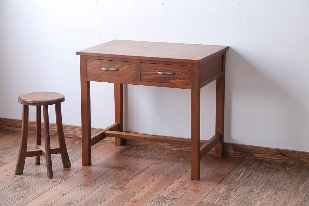 レトロ家具　昭和レトロ　引き出し2杯付き!シンプルなアンティーク平机