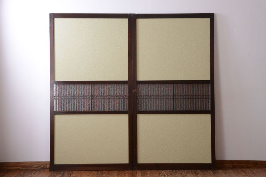 古民具・骨董 和紙貼りの上品な格子帯戸2枚セット(ガラス帯戸)