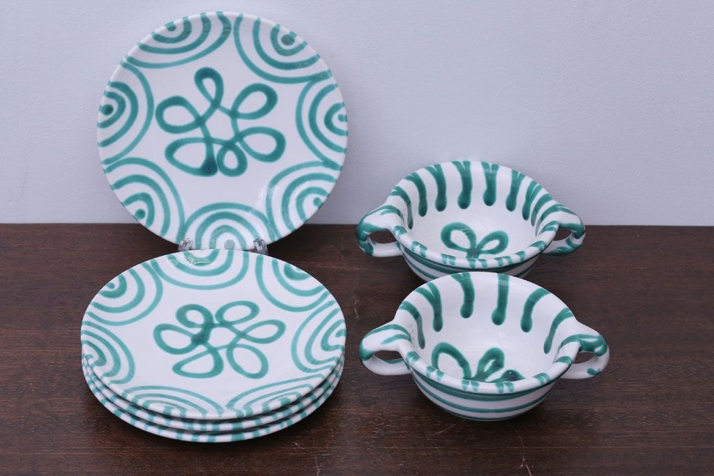 アンティーク雑貨　オーストリア　GMUNDNER KERAMIK(グムンドナーケラミック)　Grungeflammt(グリュングフラムト)シリーズ　スープカップ2客皿4枚セット