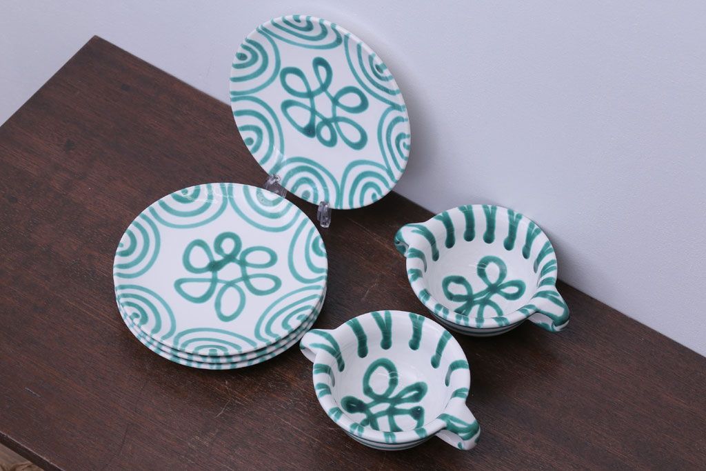 アンティーク雑貨　オーストリア　GMUNDNER KERAMIK(グムンドナーケラミック)　Grungeflammt(グリュングフラムト)シリーズ　スープカップ2客皿4枚セット