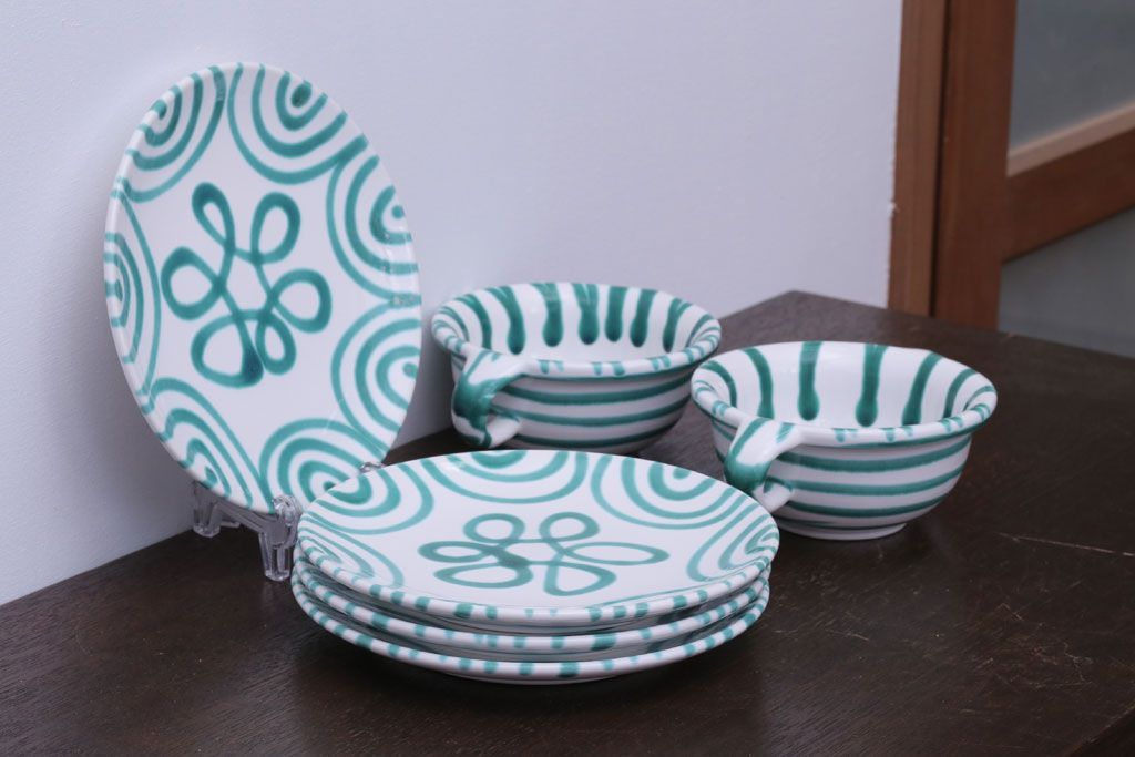 アンティーク雑貨　オーストリア　GMUNDNER KERAMIK(グムンドナーケラミック)　Grungeflammt(グリュングフラムト)シリーズ　スープカップ2客皿4枚セット