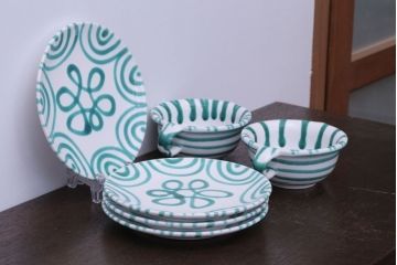 アンティーク雑貨　オーストリア　GMUNDNER KERAMIK(グムンドナーケラミック)　Grungeflammt(グリュングフラムト)シリーズ　スープカップ2客皿4枚セット