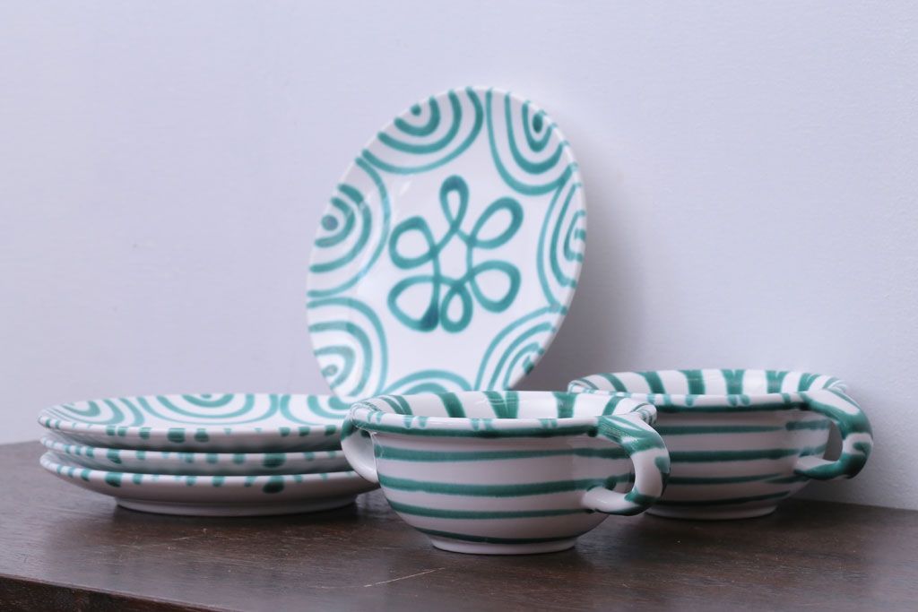 アンティーク雑貨　オーストリア　GMUNDNER KERAMIK(グムンドナーケラミック)　Grungeflammt(グリュングフラムト)シリーズ　スープカップ2客皿4枚セット