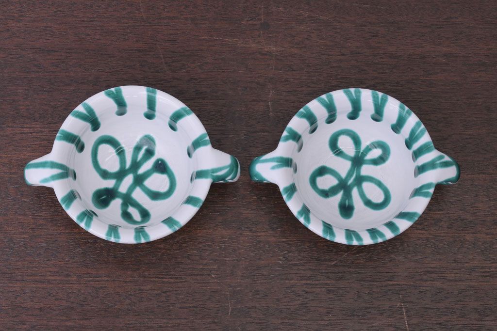 アンティーク雑貨　オーストリア　GMUNDNER KERAMIK(グムンドナーケラミック)　Grungeflammt(グリュングフラムト)シリーズ　スープカップ2客皿4枚セット