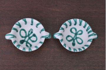 アンティーク雑貨　オーストリア　GMUNDNER KERAMIK(グムンドナーケラミック)　Grungeflammt(グリュングフラムト)シリーズ　スープカップ2客皿4枚セット