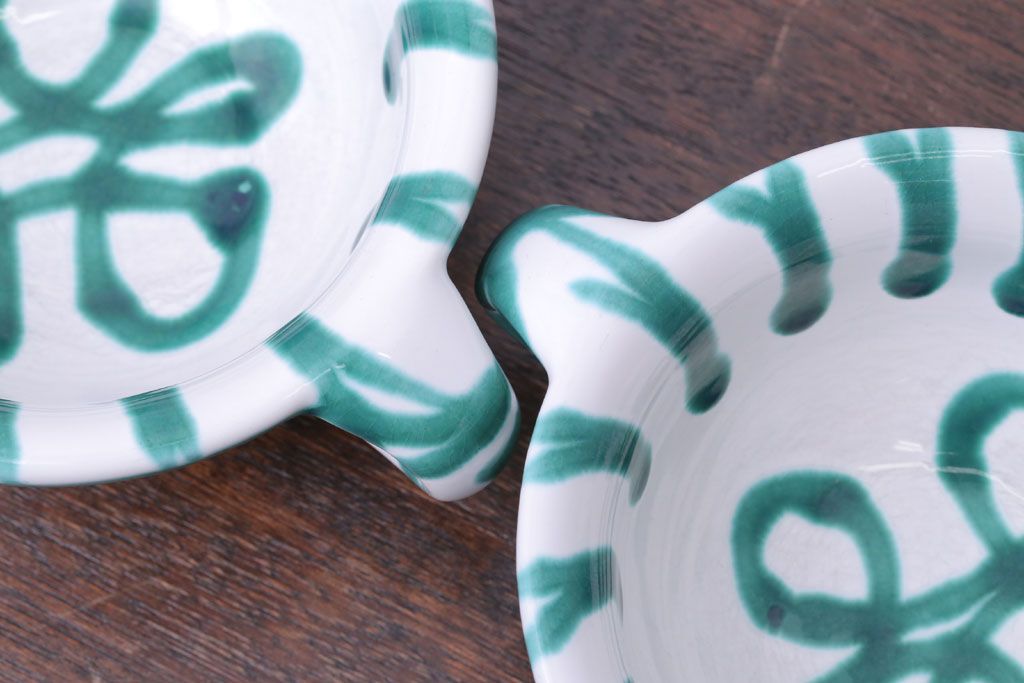 アンティーク雑貨　オーストリア　GMUNDNER KERAMIK(グムンドナーケラミック)　Grungeflammt(グリュングフラムト)シリーズ　スープカップ2客皿4枚セット