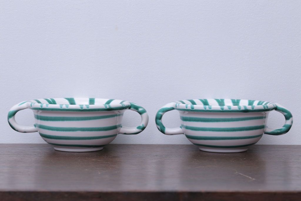 アンティーク雑貨　オーストリア　GMUNDNER KERAMIK(グムンドナーケラミック)　Grungeflammt(グリュングフラムト)シリーズ　スープカップ2客皿4枚セット