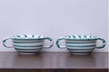 アンティーク雑貨　オーストリア　GMUNDNER KERAMIK(グムンドナーケラミック)　Grungeflammt(グリュングフラムト)シリーズ　スープカップ2客皿4枚セット