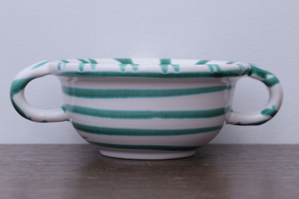 アンティーク雑貨　オーストリア　GMUNDNER KERAMIK(グムンドナーケラミック)　Grungeflammt(グリュングフラムト)シリーズ　スープカップ2客皿4枚セット