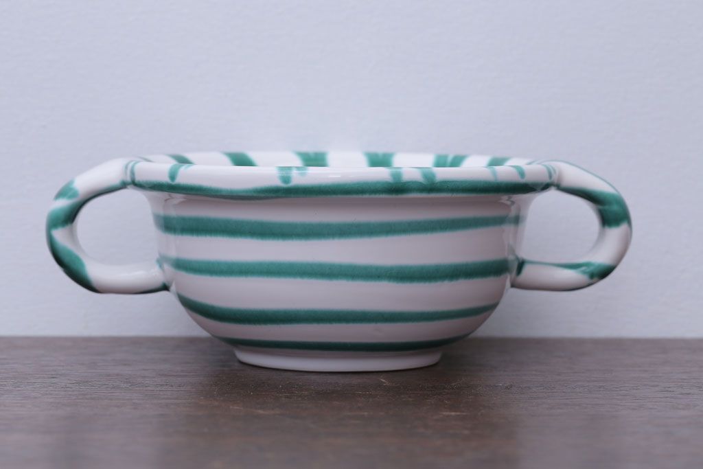 アンティーク雑貨　オーストリア　GMUNDNER KERAMIK(グムンドナーケラミック)　Grungeflammt(グリュングフラムト)シリーズ　スープカップ2客皿4枚セット