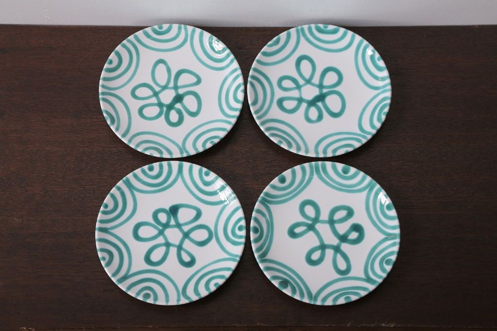 アンティーク雑貨　オーストリア　GMUNDNER KERAMIK(グムンドナーケラミック)　Grungeflammt(グリュングフラムト)シリーズ　スープカップ2客皿4枚セット