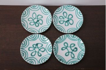 アンティーク雑貨　オーストリア　GMUNDNER KERAMIK(グムンドナーケラミック)　Grungeflammt(グリュングフラムト)シリーズ　スープカップ2客皿4枚セット