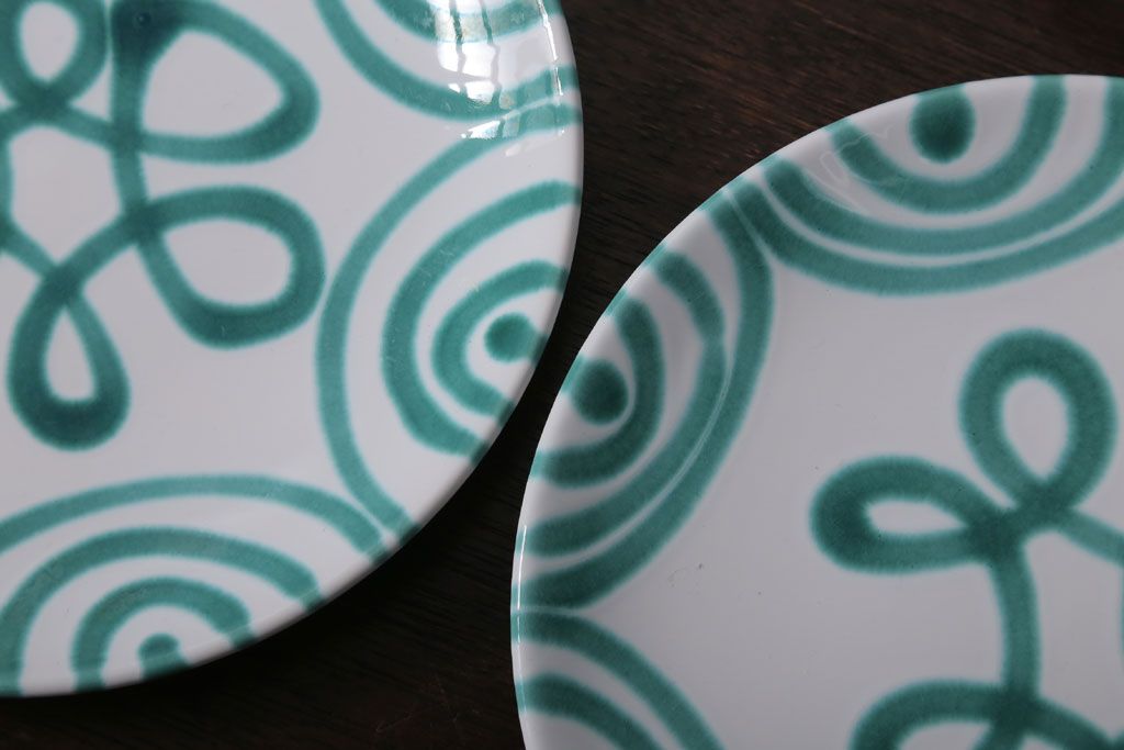 アンティーク雑貨　オーストリア　GMUNDNER KERAMIK(グムンドナーケラミック)　Grungeflammt(グリュングフラムト)シリーズ　スープカップ2客皿4枚セット