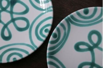 アンティーク雑貨　オーストリア　GMUNDNER KERAMIK(グムンドナーケラミック)　Grungeflammt(グリュングフラムト)シリーズ　スープカップ2客皿4枚セット