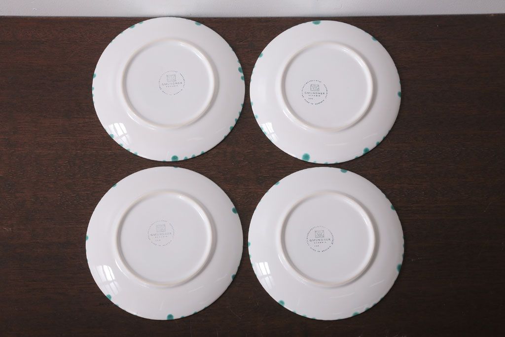アンティーク雑貨　オーストリア　GMUNDNER KERAMIK(グムンドナーケラミック)　Grungeflammt(グリュングフラムト)シリーズ　スープカップ2客皿4枚セット