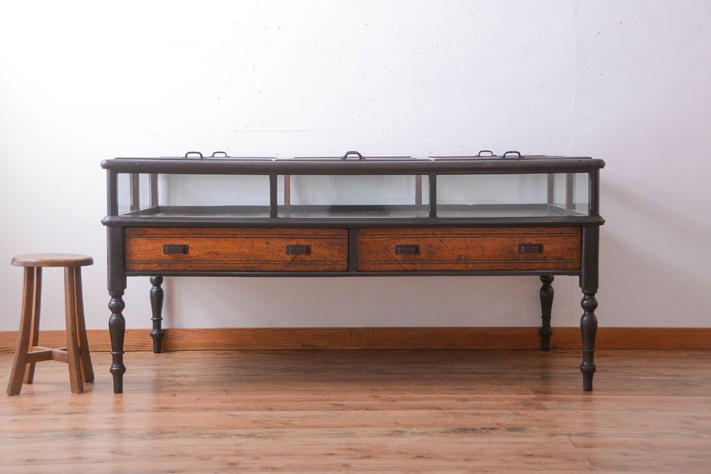 アンティーク家具　和製アンティーク　極めて珍しい!引き出し付きガラス蓋の外れる高級ガラスケース