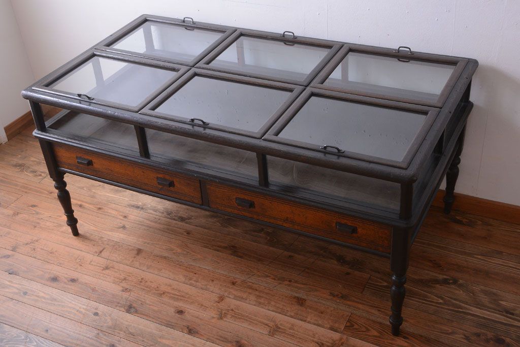 アンティーク家具　和製アンティーク　極めて珍しい!引き出し付きガラス蓋の外れる高級ガラスケース
