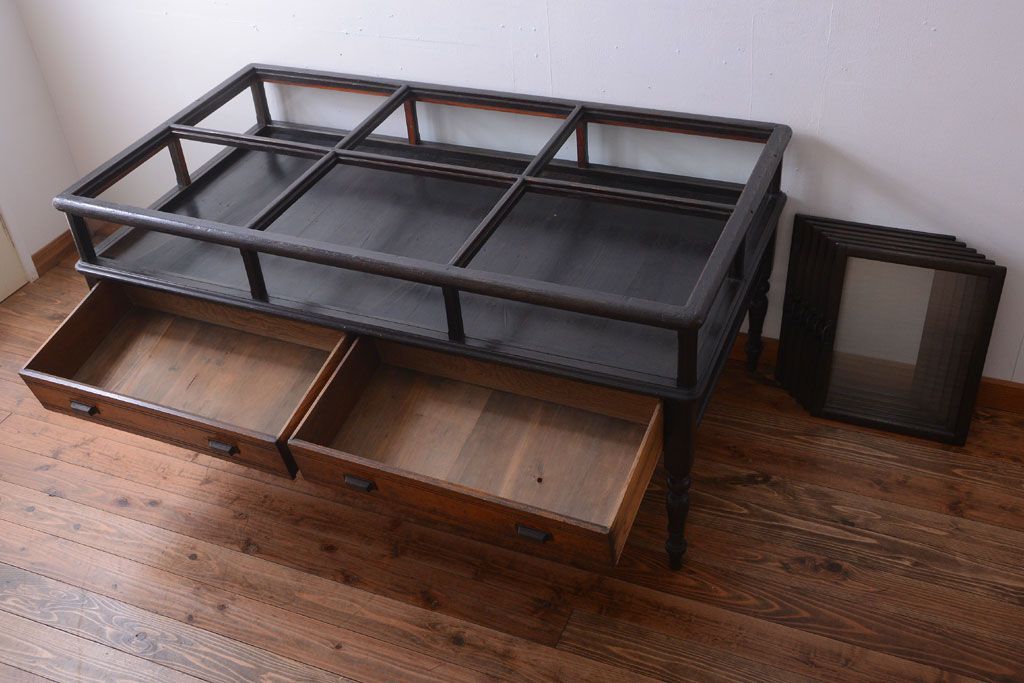 アンティーク家具　和製アンティーク　極めて珍しい!引き出し付きガラス蓋の外れる高級ガラスケース