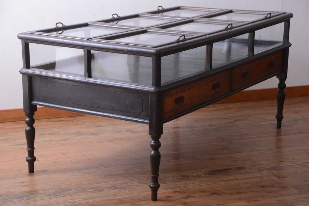 アンティーク家具　和製アンティーク　極めて珍しい!引き出し付きガラス蓋の外れる高級ガラスケース