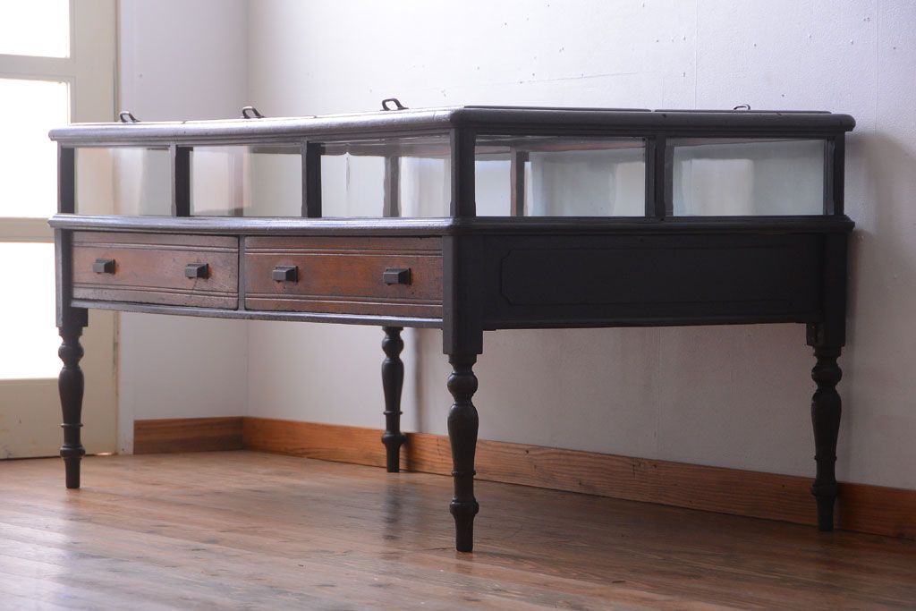 アンティーク家具　和製アンティーク　極めて珍しい!引き出し付きガラス蓋の外れる高級ガラスケース