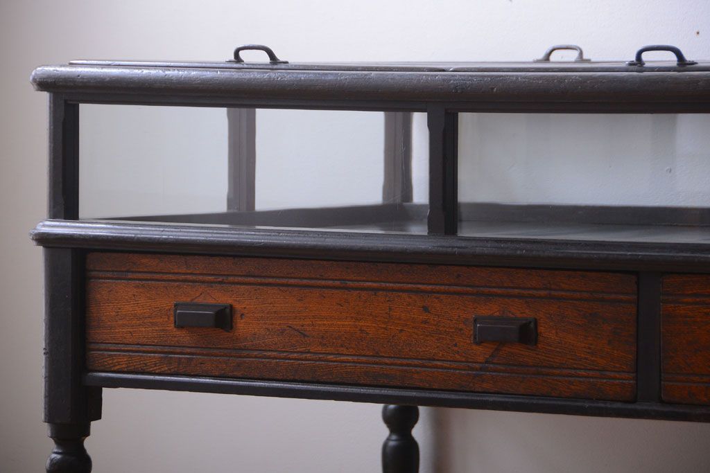 アンティーク家具　和製アンティーク　極めて珍しい!引き出し付きガラス蓋の外れる高級ガラスケース