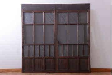 和製アンティーク　古い木の背が低いガラス引き戸2枚セット(窓)