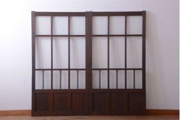 和製アンティーク　古い木の背が低いガラス引き戸2枚セット(窓)