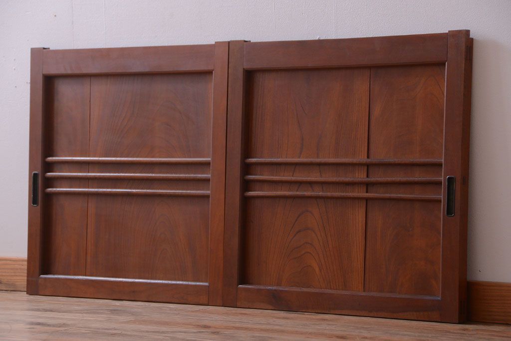 【A様ご成約品】古民具・骨董　鏡板欅材の上質なアンティーク引き戸2枚セット(2)