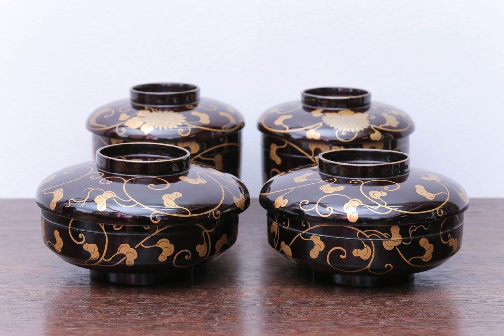 アンティーク雑貨　アンティーク　古い蒔絵の木製蓋付き椀4客