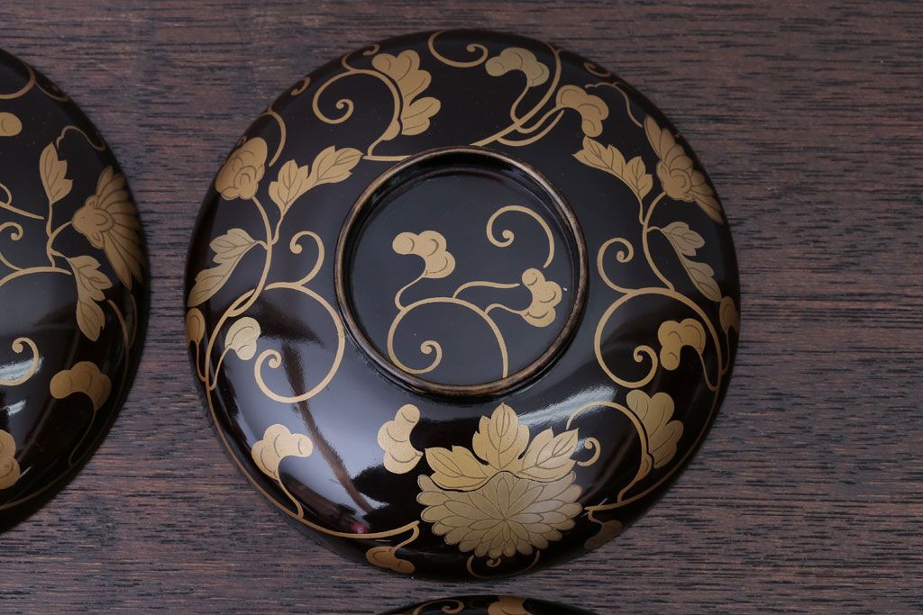 アンティーク雑貨　アンティーク　古い蒔絵の木製蓋付き椀4客