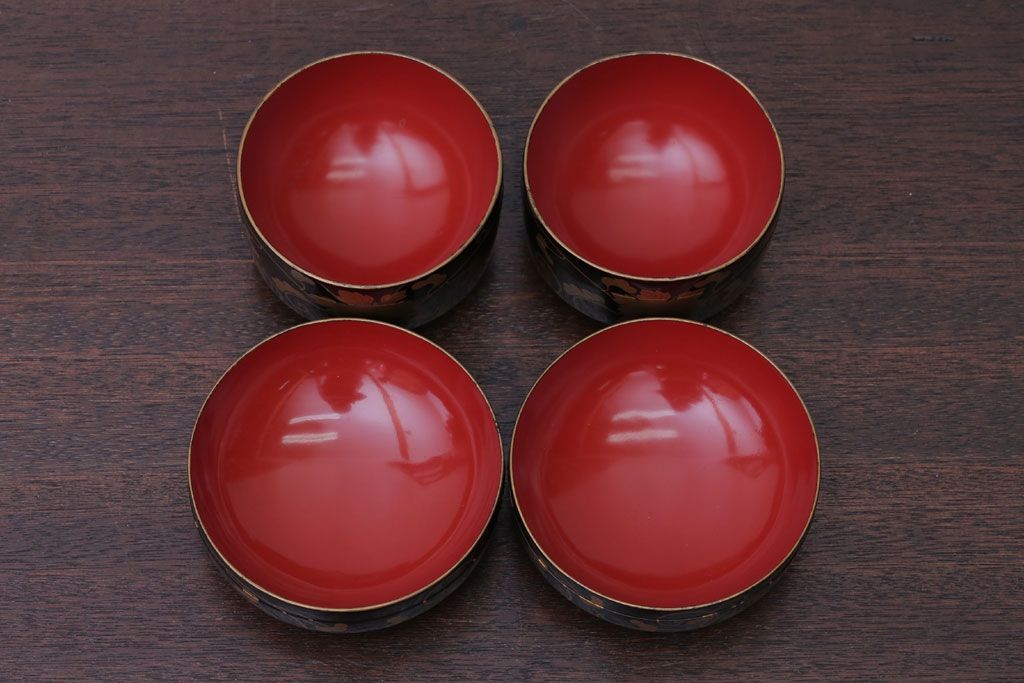 アンティーク雑貨　アンティーク　古い蒔絵の木製蓋付き椀4客