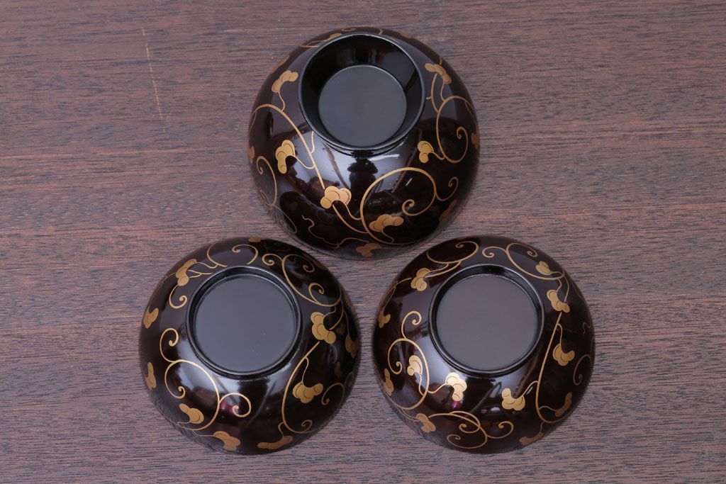 アンティーク雑貨　アンティーク　古い蒔絵の木製椀3客