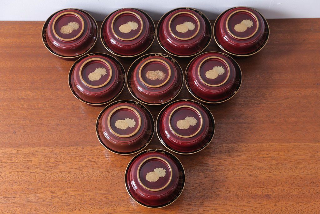 アンティーク雑貨　アンティーク　古い蒔絵の木製蓋付き椀10客