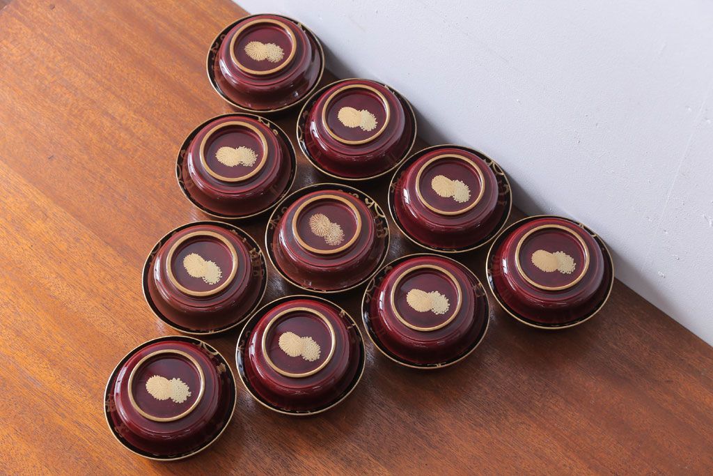 アンティーク雑貨　アンティーク　古い蒔絵の木製蓋付き椀10客