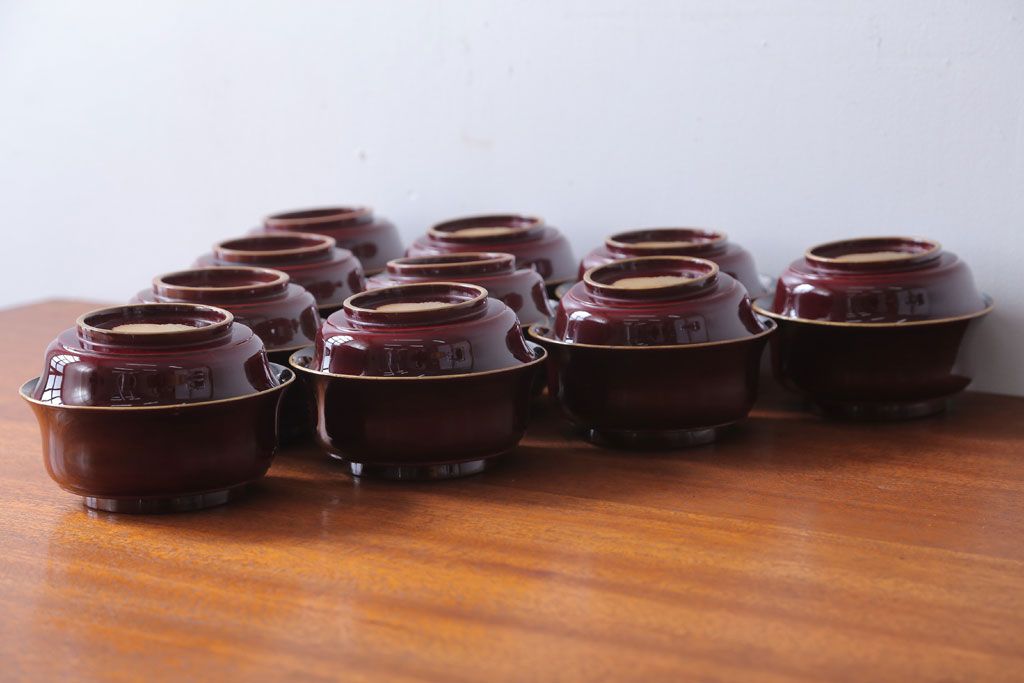 アンティーク雑貨　アンティーク　古い蒔絵の木製蓋付き椀10客