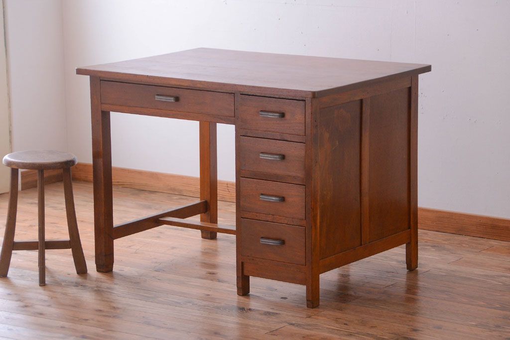 レトロ家具　昭和レトロ　古い木製のシンプルなアンティーク片袖机