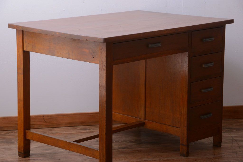 レトロ家具　昭和レトロ　古い木製のシンプルなアンティーク片袖机