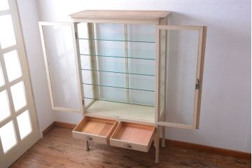 アンティーク家具　アンティーク オリジナルペイントの大振りなケビント(ガラスケース、キャビネット)