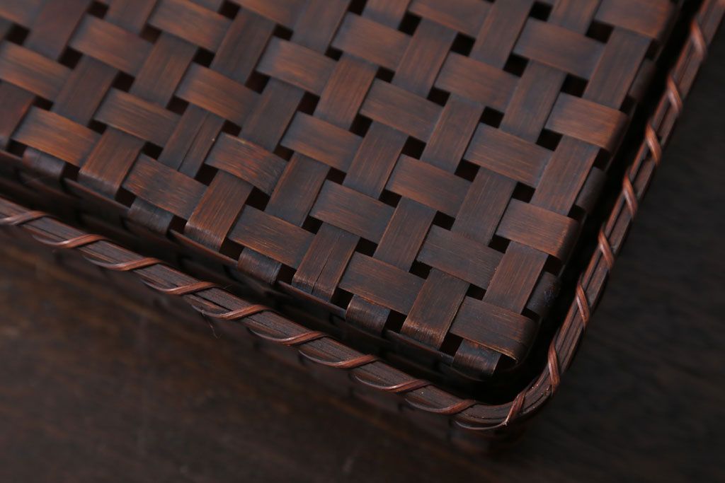 アンティーク雑貨　古民具・骨董　竹編みの小物収納アンティーク小箱(蓋付き)