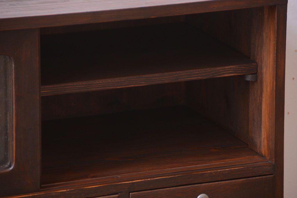 アンティーク家具　アンティーク　気泡ガラス入り鉄脚ローボード