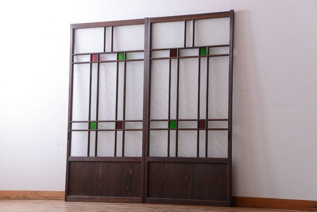 和製アンティーク　当時物色ガラス入り!引き戸2枚セット