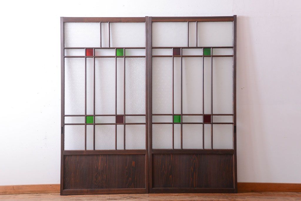 和製アンティーク　当時物色ガラス入り!引き戸2枚セット