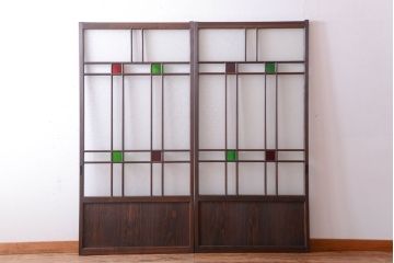 和製アンティーク　当時物色ガラス入り!引き戸2枚セット