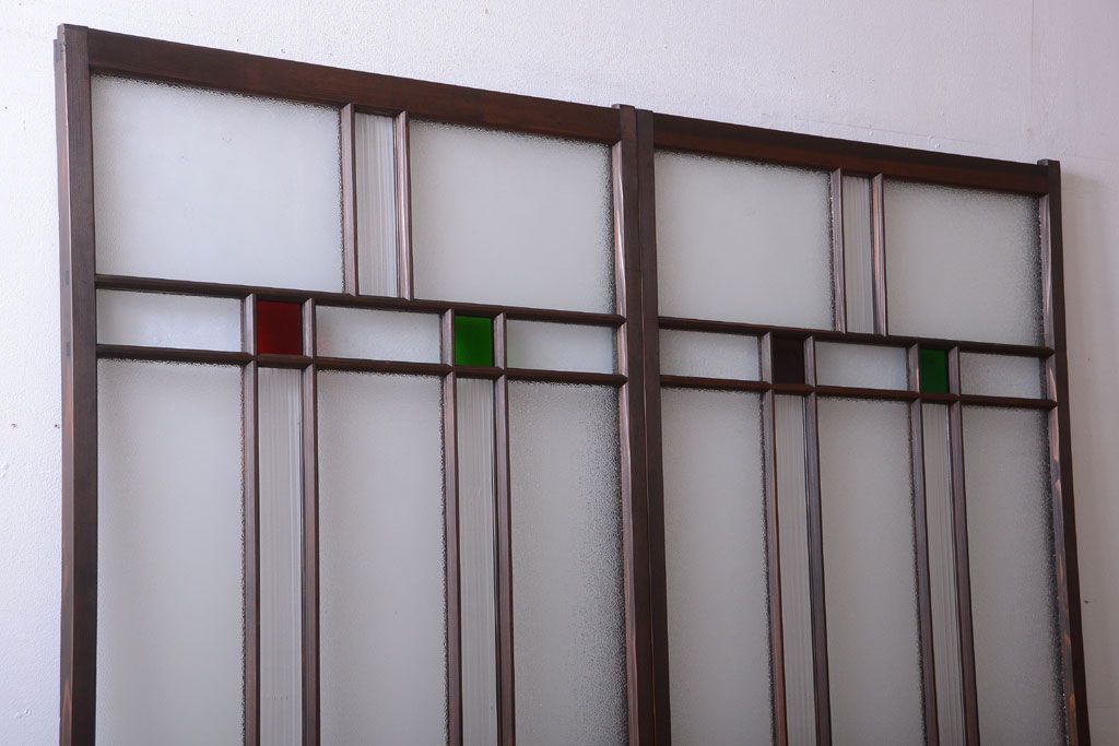 和製アンティーク　当時物色ガラス入り!引き戸2枚セット