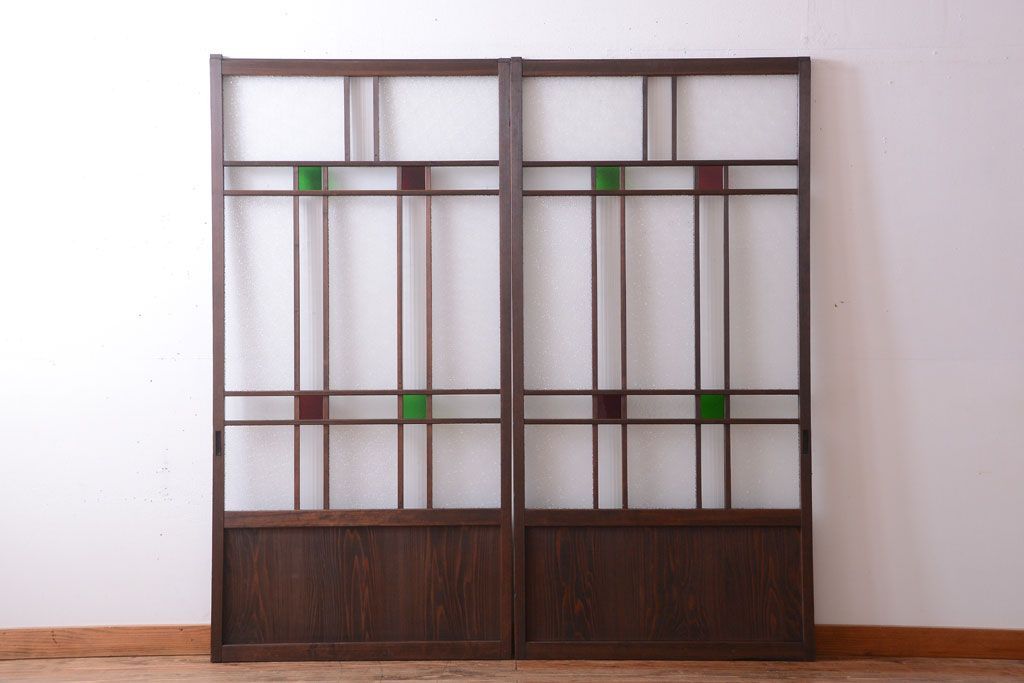 和製アンティーク　当時物色ガラス入り!引き戸2枚セット