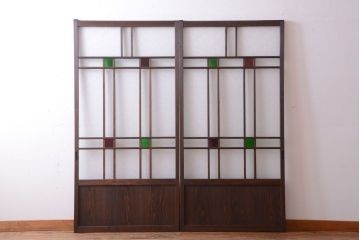 和製アンティーク　当時物色ガラス入り!引き戸2枚セット